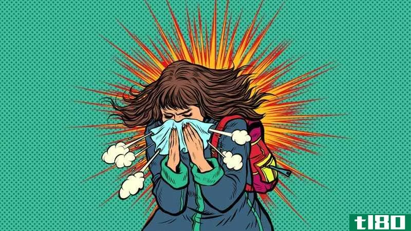 A cartoon illustration of a woman sneezing