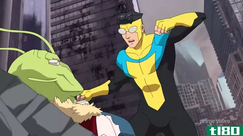 Screenshot of a superhero punching an alien from the Invincible TV series