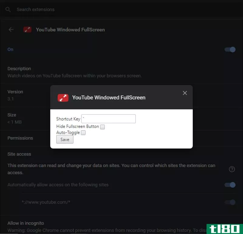 YouTube Windowed FullScreen’s add-on settings.
