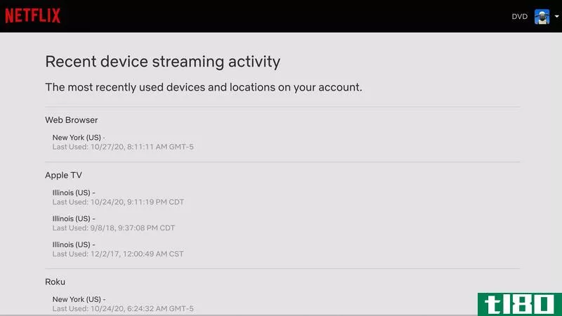 A screenshot of the Netflix "Recent device streaming activity" page