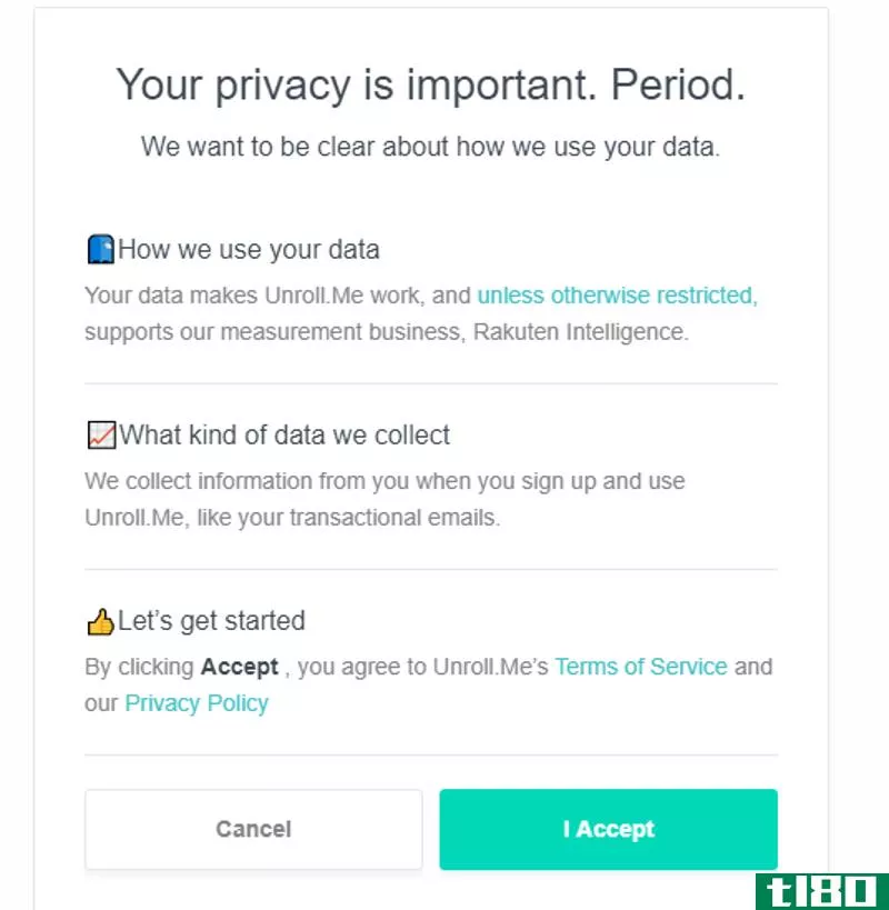 Unroll.me’s new privacy information.