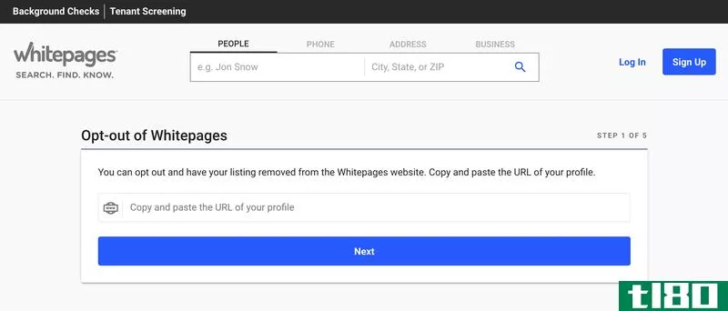 A screenshot of the Whitepages.com opt-out page