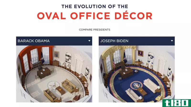 A screenshot comparing3D renderings the Oval Offices of Barack Obama and Joe Biden