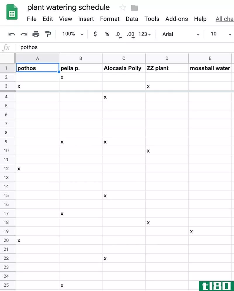 My Google Sheets watering schedule