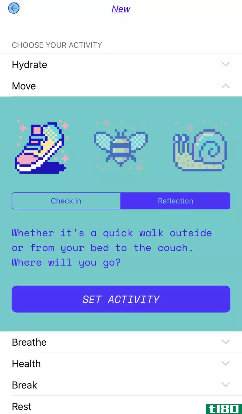 For each activity, you can decide if you want a simple button for checking in or a text field for writing down thoughts about whatever it is you’re interested in doing.