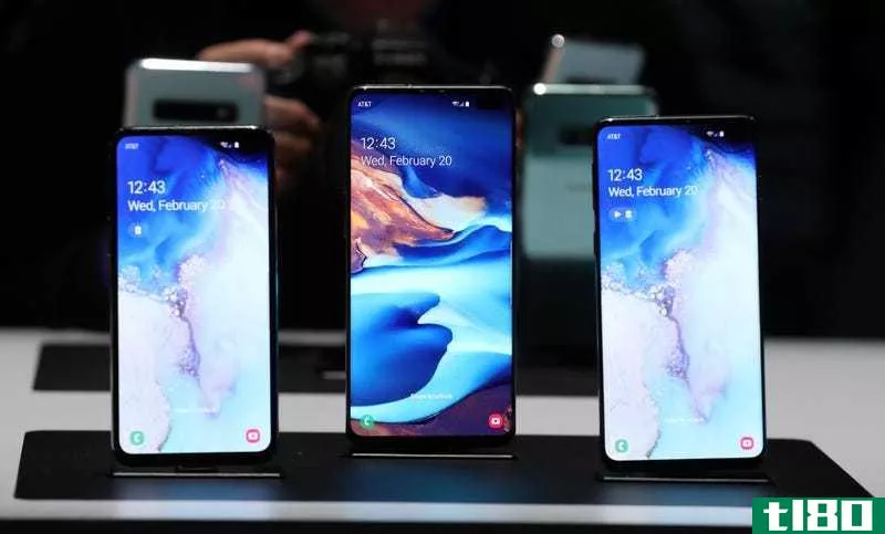 The Samsung Galaxy S10 Phones. Pictured, from left to right; the S10e, the S10+, and the S10.