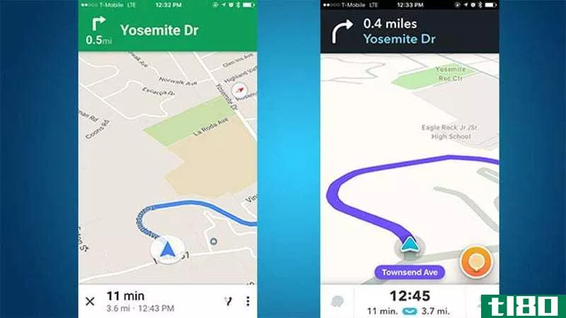 Driving with Google Maps (left) and Waze (right) is a surprisingly different experience.