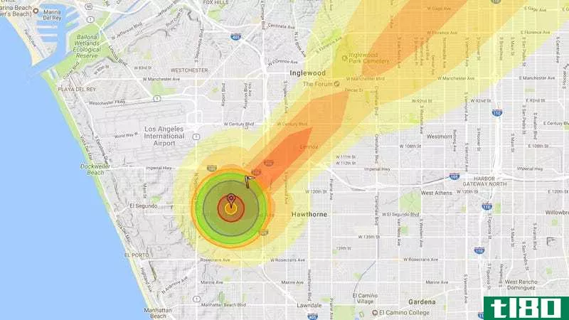 Example of a 10 KT nuclear warhead detonating over Los Angeles Air Force Base. Notice the fallout trail. Created in Nukemap.