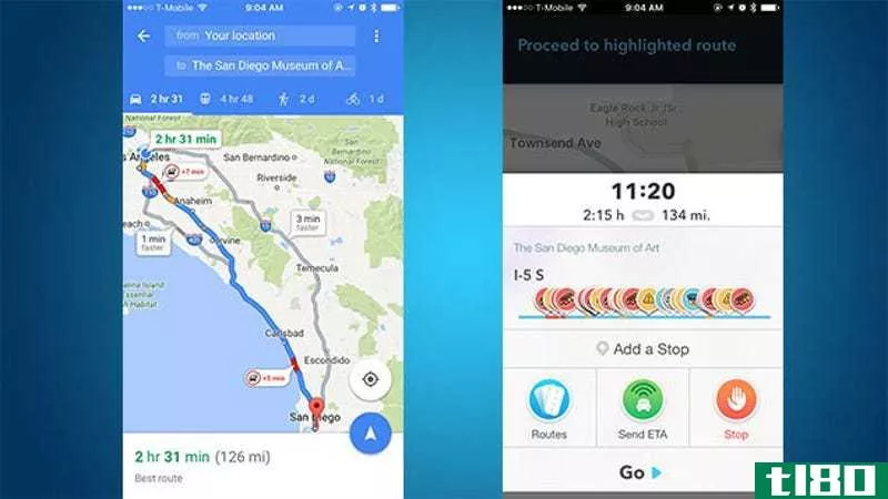 Google Maps (left) takes a more direct route, but Waze (right) gets you there quicker.