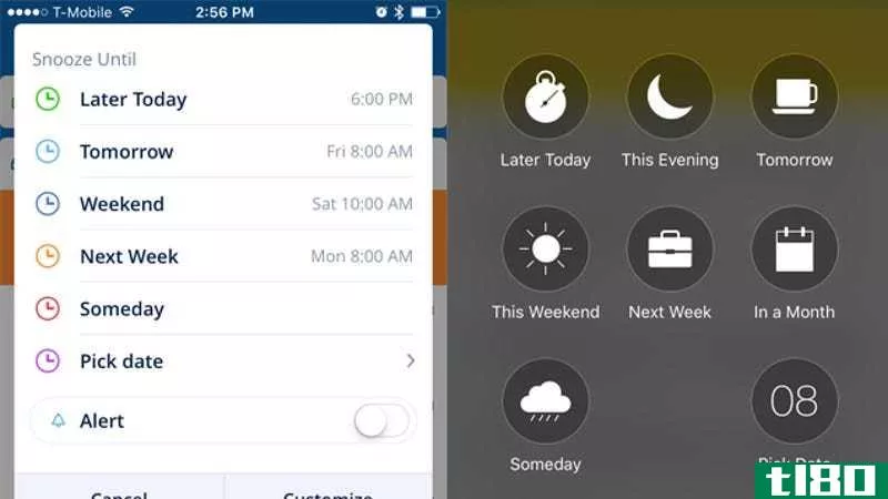 Spark’s snooze function (left) compared to Mailbox’s (right).