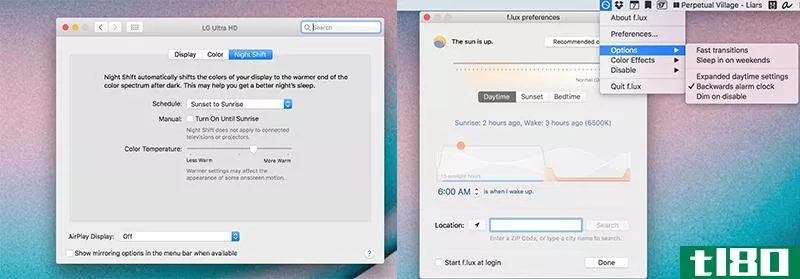 Night Shift’s (left) minimal settings are part of the appeal, but f.lux (right) offers way more ways to customize it.