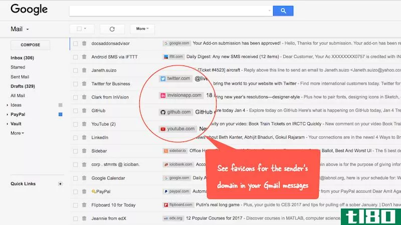 gmail发送者图标为gmail添加了favicons以便于浏览