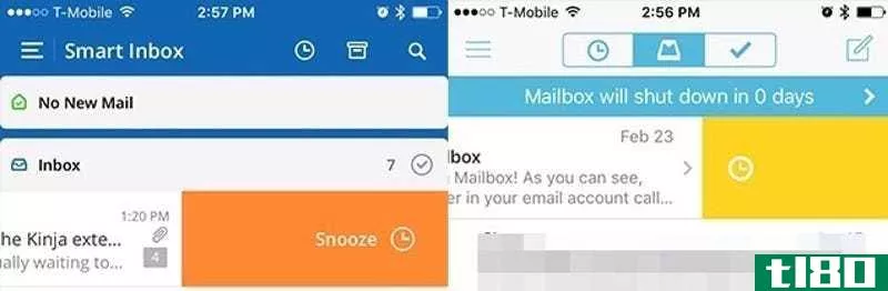 Spark (left) shakes things up with an orange snooze template, while Mailbox (right) prefers yellow