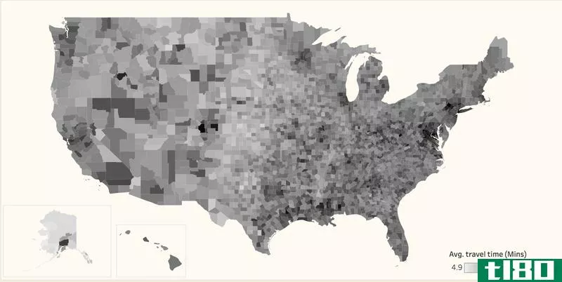 这张地图显示了美国每个郡的平均通勤时间