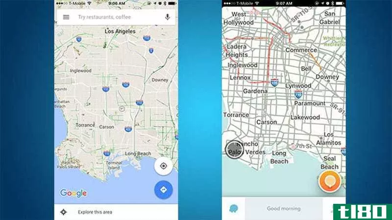 Google Maps (left) looks like pretty much every map, ever. Waze (right) really stresses roads.