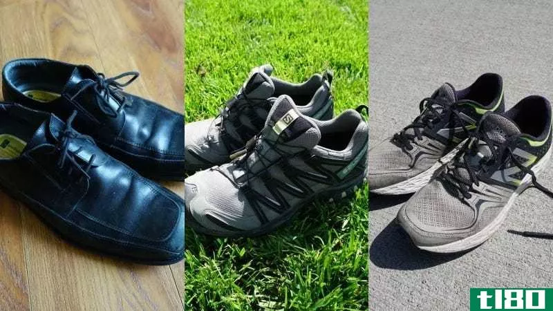 From left to right: my dressy travel shoes, my rugged/outdoor travel shoes, and my urban travel shoes.