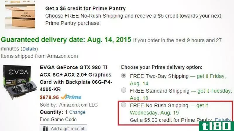 当你选择不急着送货时，你可以在亚马逊prime pantry获得5美元的信用