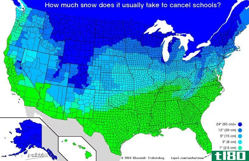 这张地图显示了取消学校所需的雪量