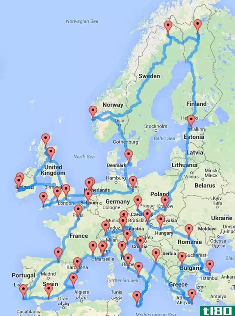 这张地图展示了如何穿越欧洲进行一次史诗般的公路旅行
