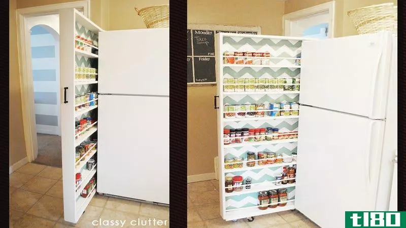 Illustration for article titled Build A Space-Saving Roll-Out Pantry that Fits Between the Fridge and the Wall