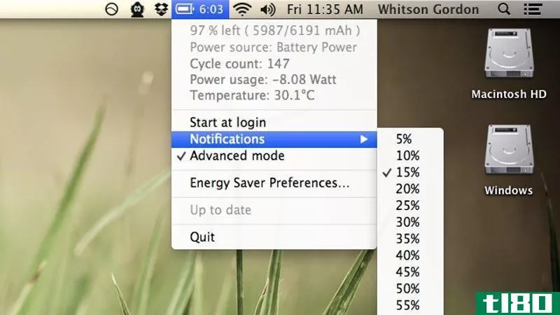 Illustration for article titled Battery Time Remaining Brings More Battery Info to Mountain Lion&#39;s Menu Bar