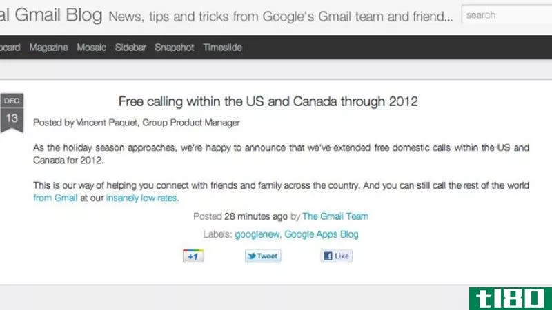 谷歌2012年全年在gmail中提供免费语音通话