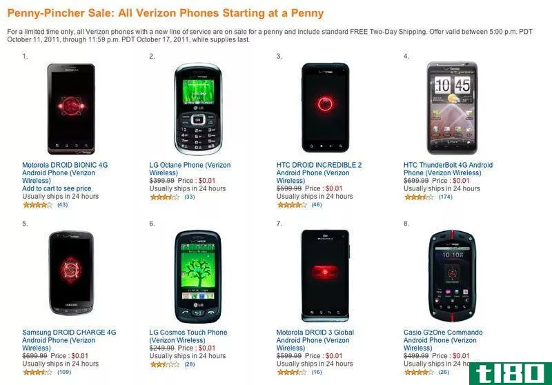 所有verizon手机（在亚马逊出售）一分钱