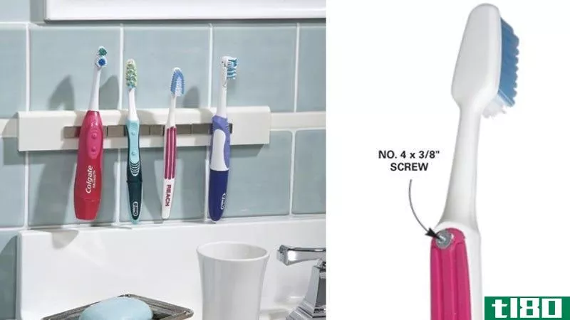 Illustration for article titled Magnetic Toothbrush Holder Cleanly Mounts Your Toiletries for Easy Access