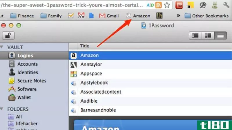 将1password登录拖到书签栏，即可进行即时一键登录