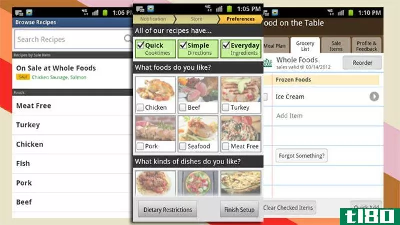 餐桌上的食物可以在android、iphone和网络上建立用餐计划和杂货清单