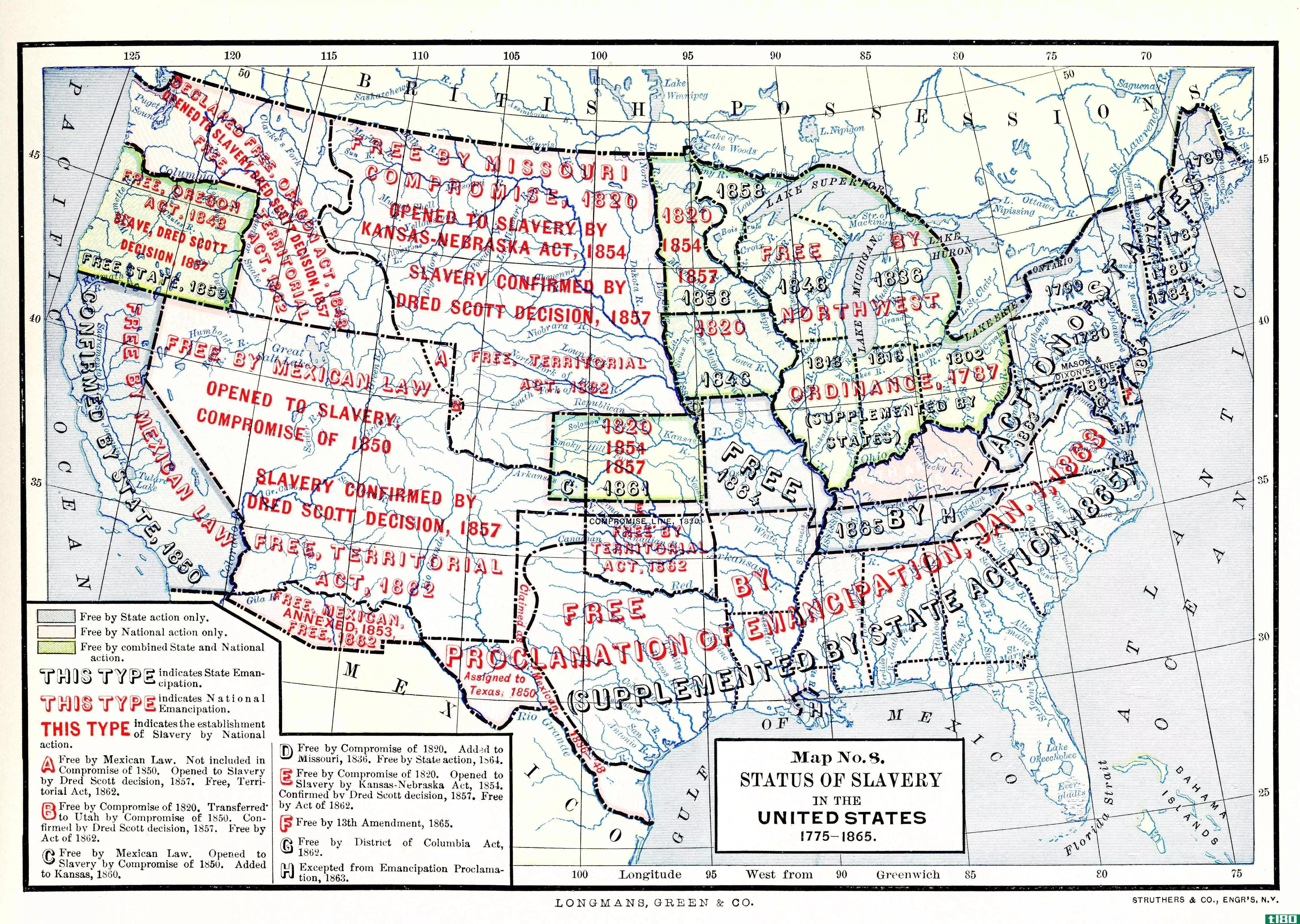 Color map, entitled 'Map No 8, Status of Slavery in the United States, 1775 - 1865,' illustrates the territorial application of various slavery related laws, published in 1898. Among the laws cited are the Missouri Compromise, the Dred Scott Decision, the Kansas Nebraska Act, and the Emancipation Proclamation.