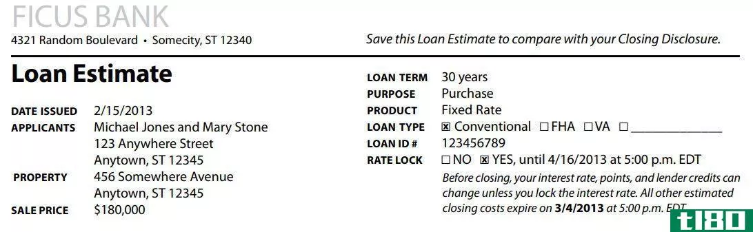 Loan estimate form, top of page 1