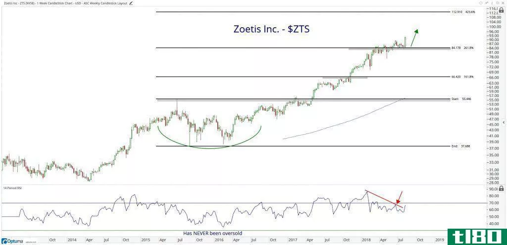 Technical chart showing the performance of Zoetis Inc. (ZTS) stock