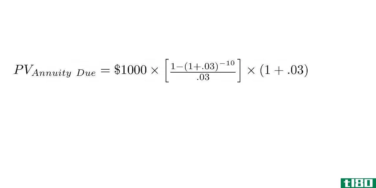 PV(Annuity Due) = $1000 x [((1-1.03^-10)/.03) x (1.03)