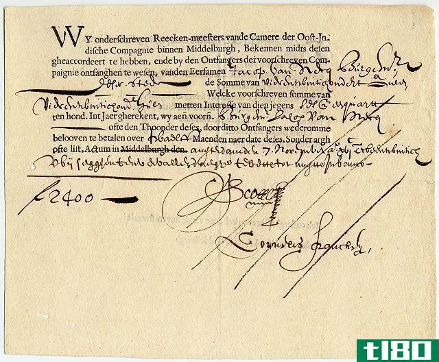 A bond from the Dutch East India Company (VOC), dating from 7 November 1623. The VOC was the first company in history to widely issue bonds and shares of stock to the general public.