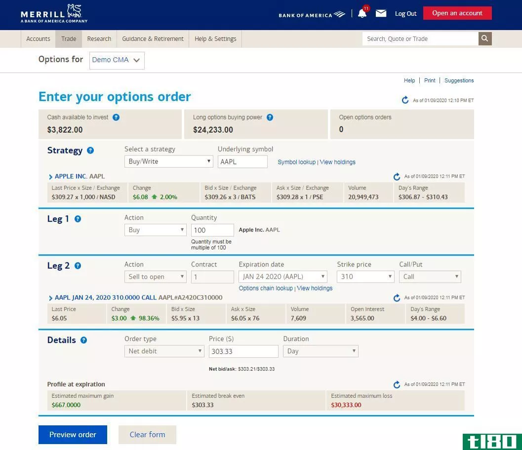 Merrill Edge buy-write order