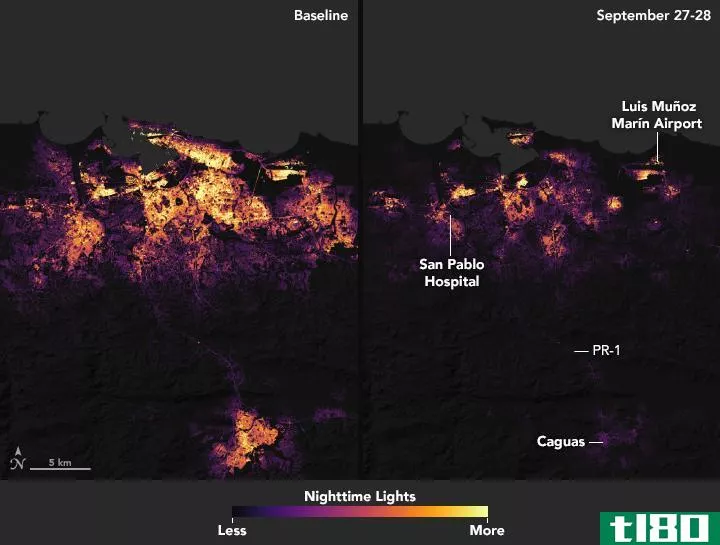 美国航天局拍摄的波多黎各照片显示玛丽亚是如何消灭岛上的电力的