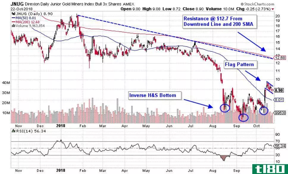 Chart depicting share price of the Direxion Daily Junior Gold Miners Bull 3X ETF (JNUG)