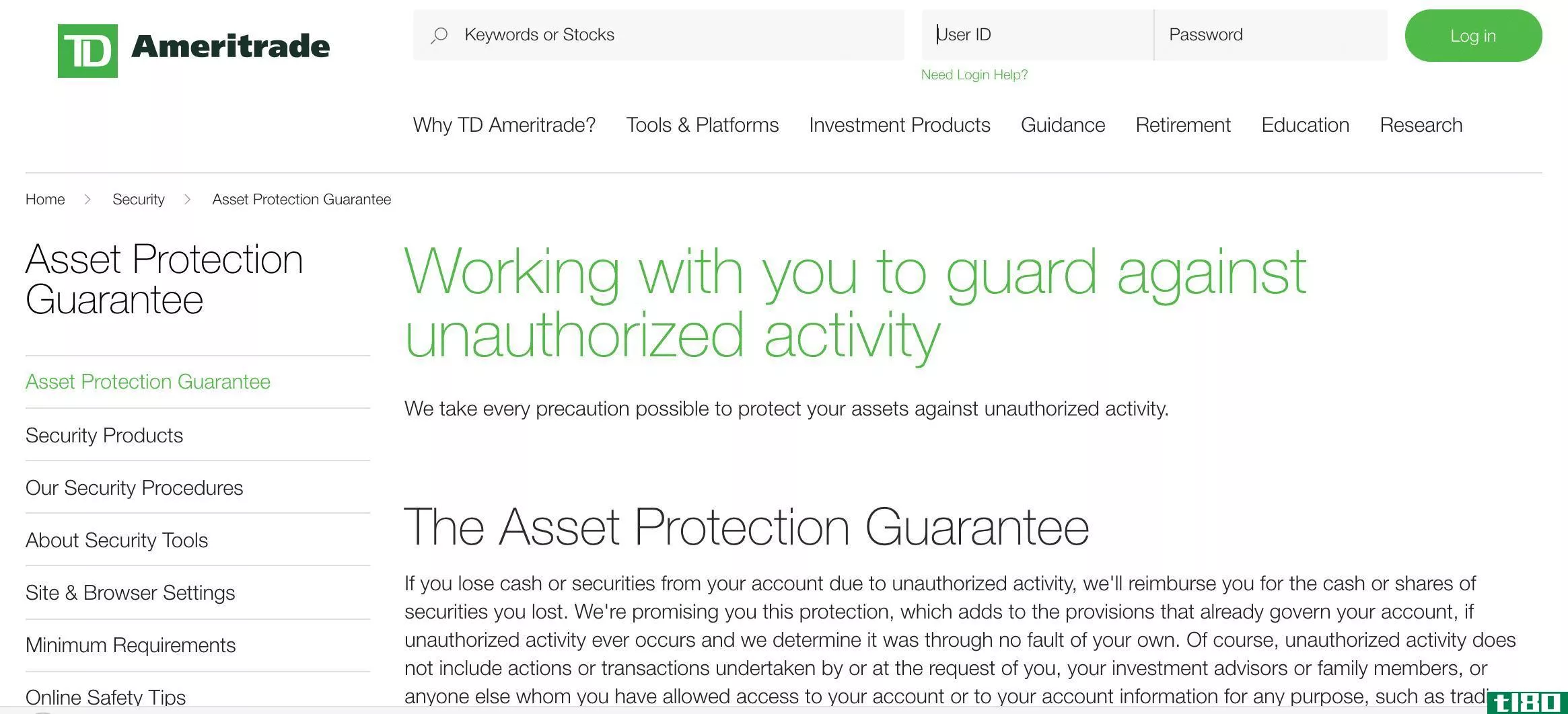 Screenshot of TD Ameritrade's asset protection guarantee language.