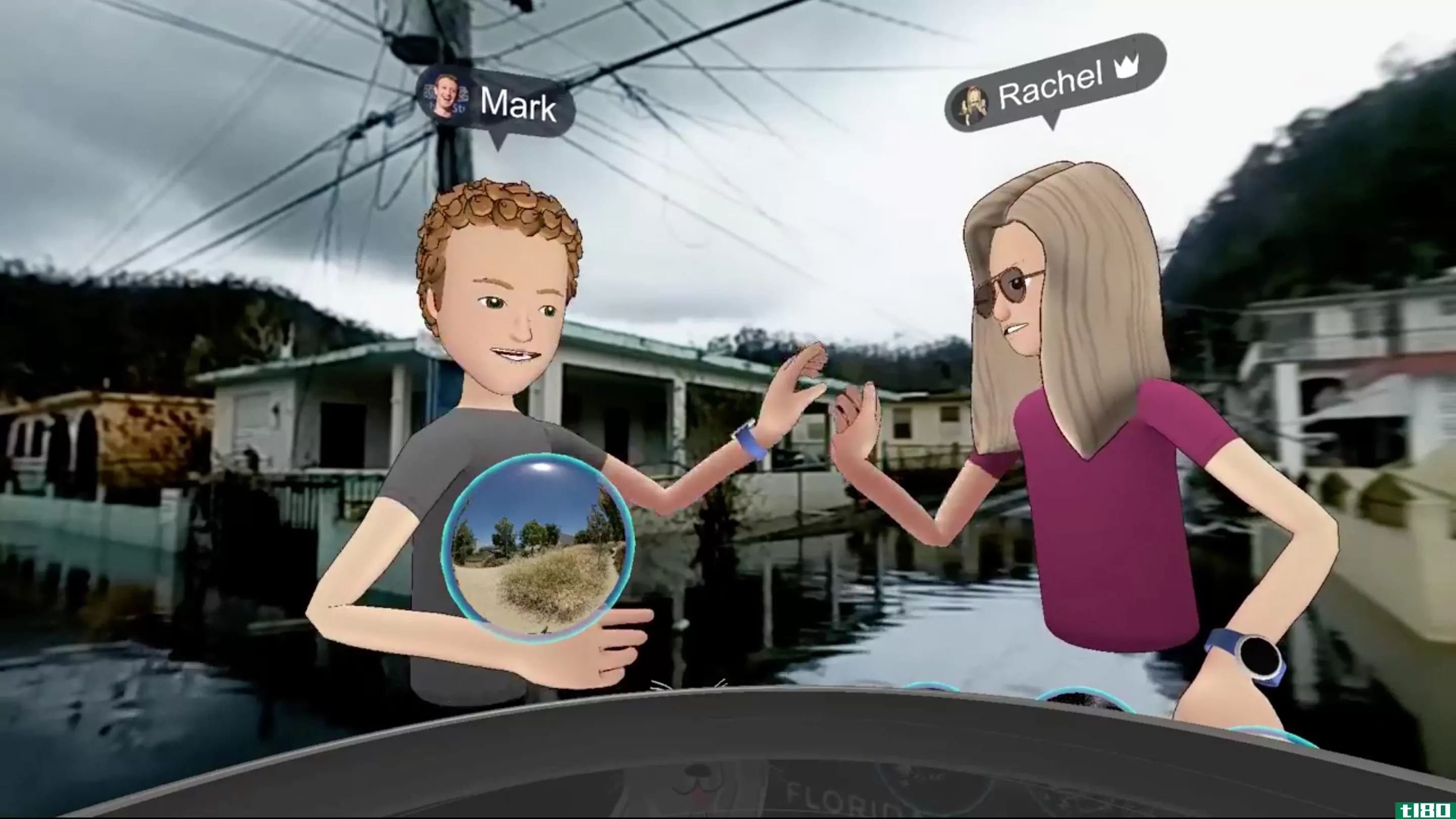 一个卡通马克扎克伯格参观飓风袭击波多黎各在虚拟现实